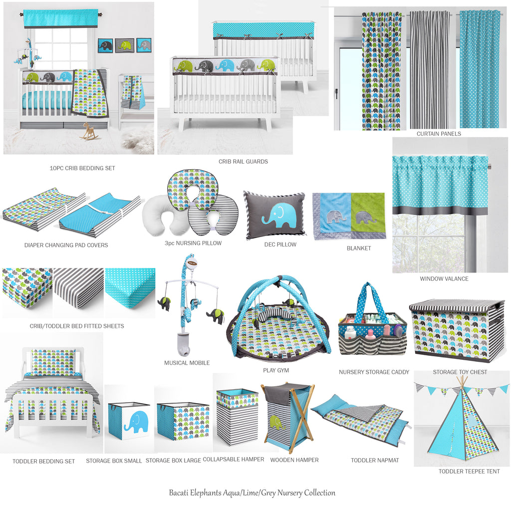 Bacati - Crib or Toddler Bed Fitted Sheet, Elephants Aqua/Lime/Grey - Bacati