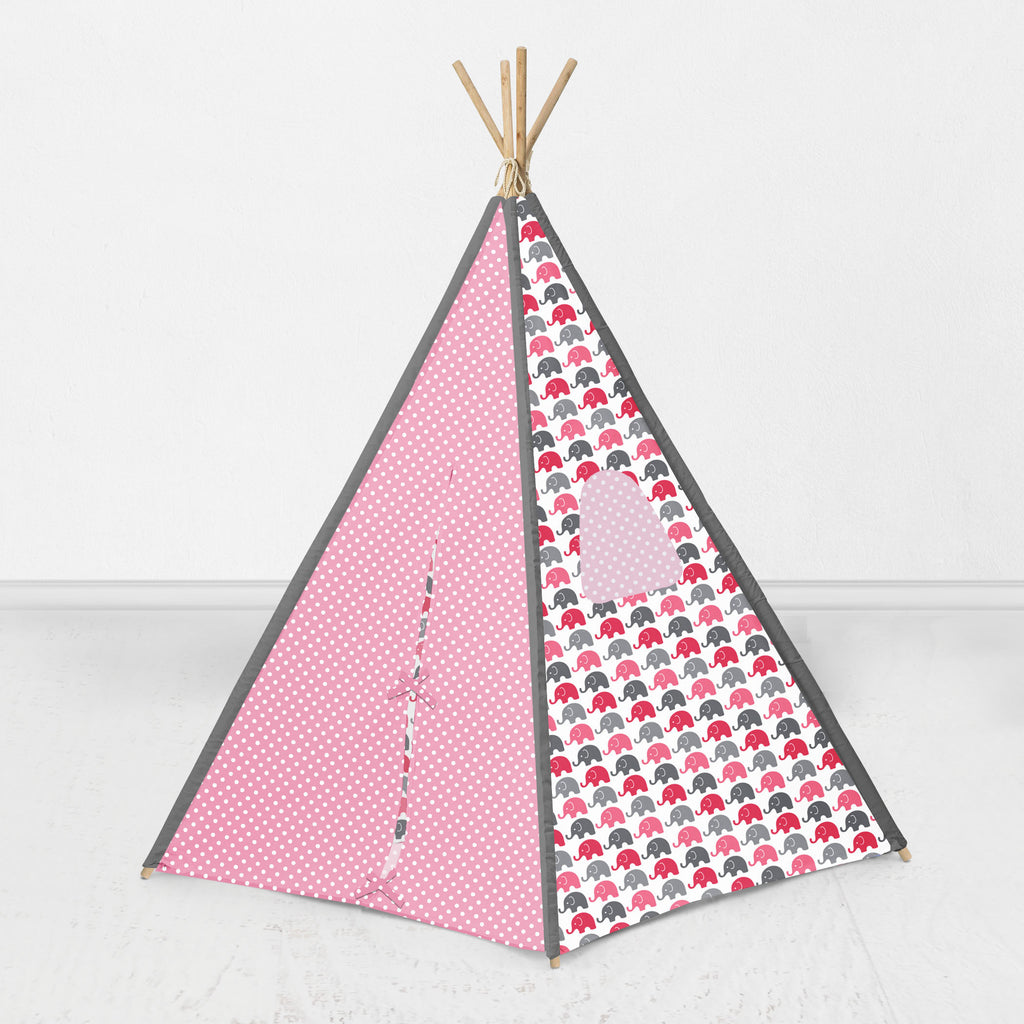 Bacati - Elephants Teepee Tent for Kids/Toddlers, 100% Cotton Breathable Percale Fabric Cover, Pink/Grey - Bacati