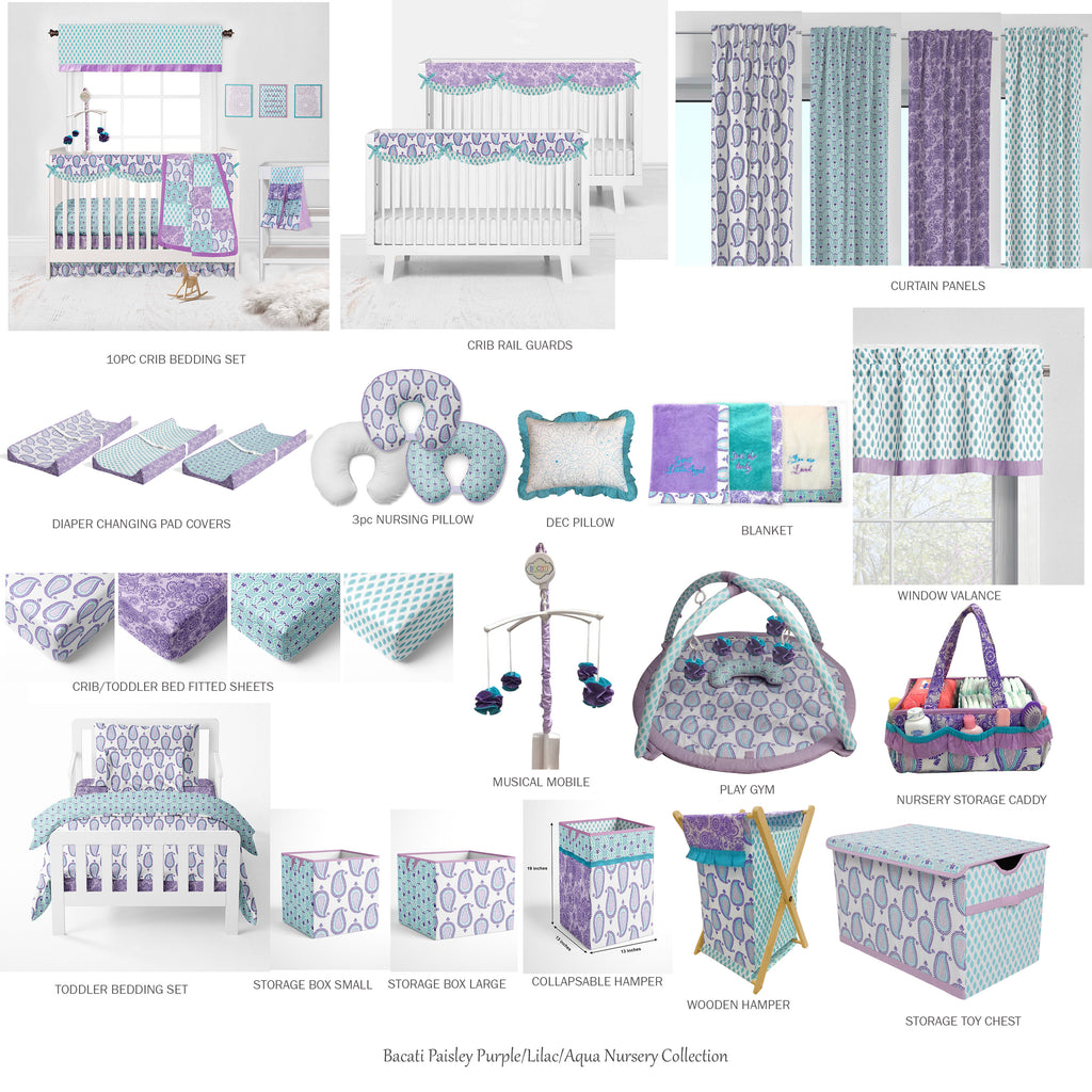 Bacati - Girls 4 pc Toddler Bedding/3 pc Sheet Set 100% Cotton Percale, Paisley Isabella, Purple/Lilac/Aqua - Bacati