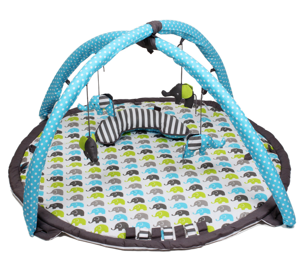 Playmat/Baby Activity Gym with Mat, Elephants Aqua/Lime/Grey - Bacati - Baby Activity Gym with Mat - Bacati