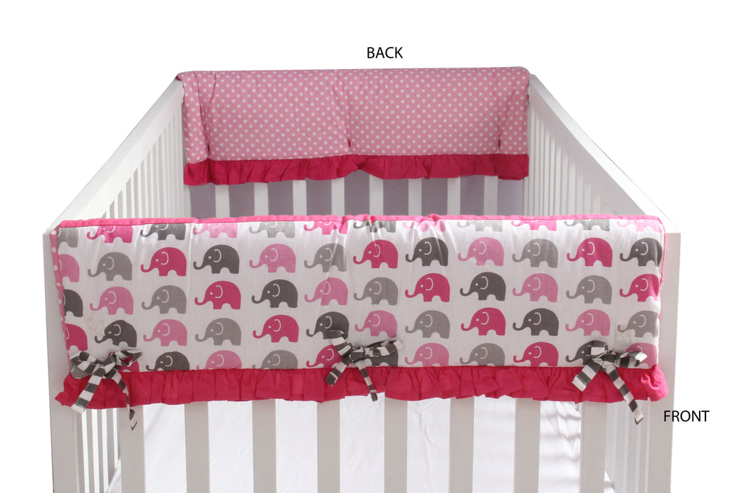 Long/Small Crib Rail Guard Covers Cotton Elephants Pink/Grey - Bacati - Crib Rail Guard - Bacati