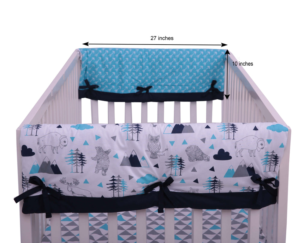 Long/Small Crib Rail Guard Covers Cotton Woodlands Aqua/Navy/Grey - Bacati - Crib Rail Guard - Bacati