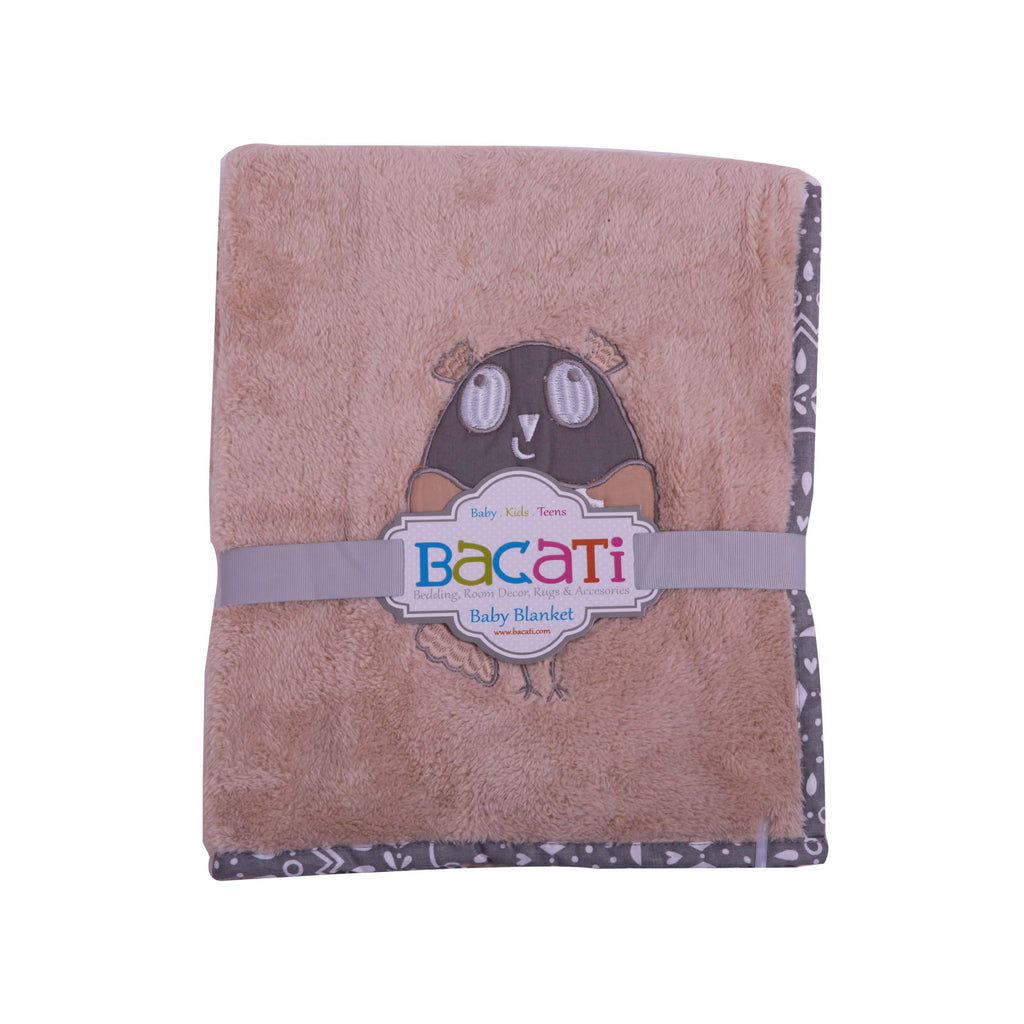Embroidered Plush Beige Blanket, Owls in the Woods Beige/Grey - Bacati - Embroidered Plush Blanket - Bacati