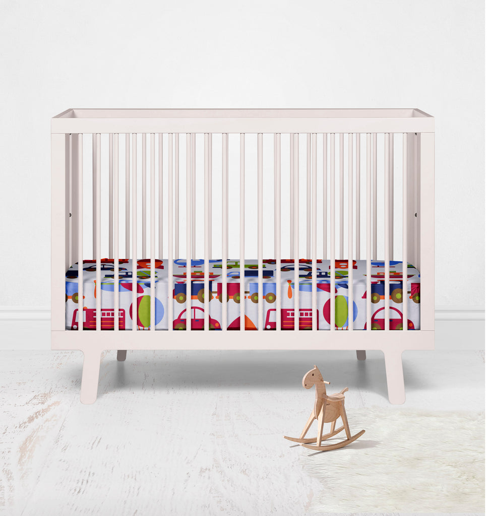Bacati - Crib or Toddler Bed Fitted Sheet, Transportation, Blue/Navy/Orange/Red/Green - Bacati - Crib/Toddler Fitted Sheet - Bacati