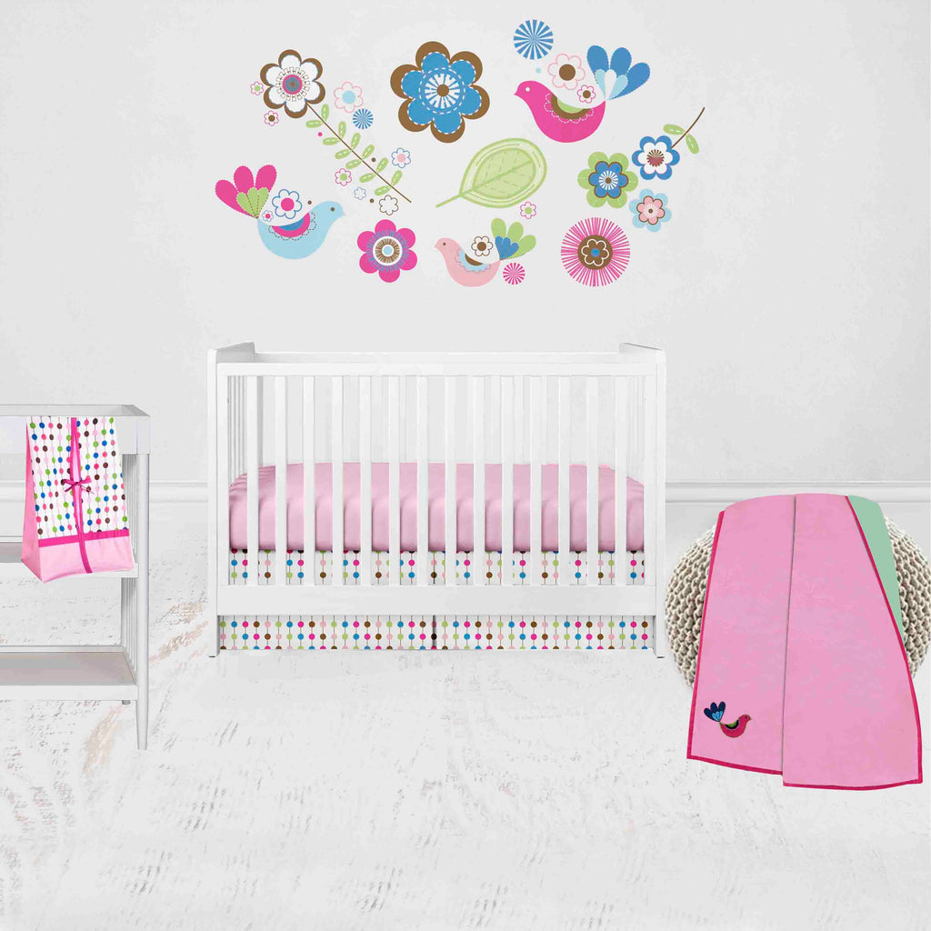 Bacati - Botanical Floral Birds 4-Piece Crib Bedding Set with Diaper Stacker - Pink/Multi Girls - Bacati - Crib Bedding Set - Bacati