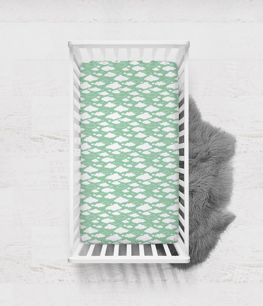 Crib or Toddler Bed Fitted Sheet 100% Cotton Percale, Clouds in the City Mint/Grey - Bacati - Crib/Toddler Fitted Sheet - Bacati