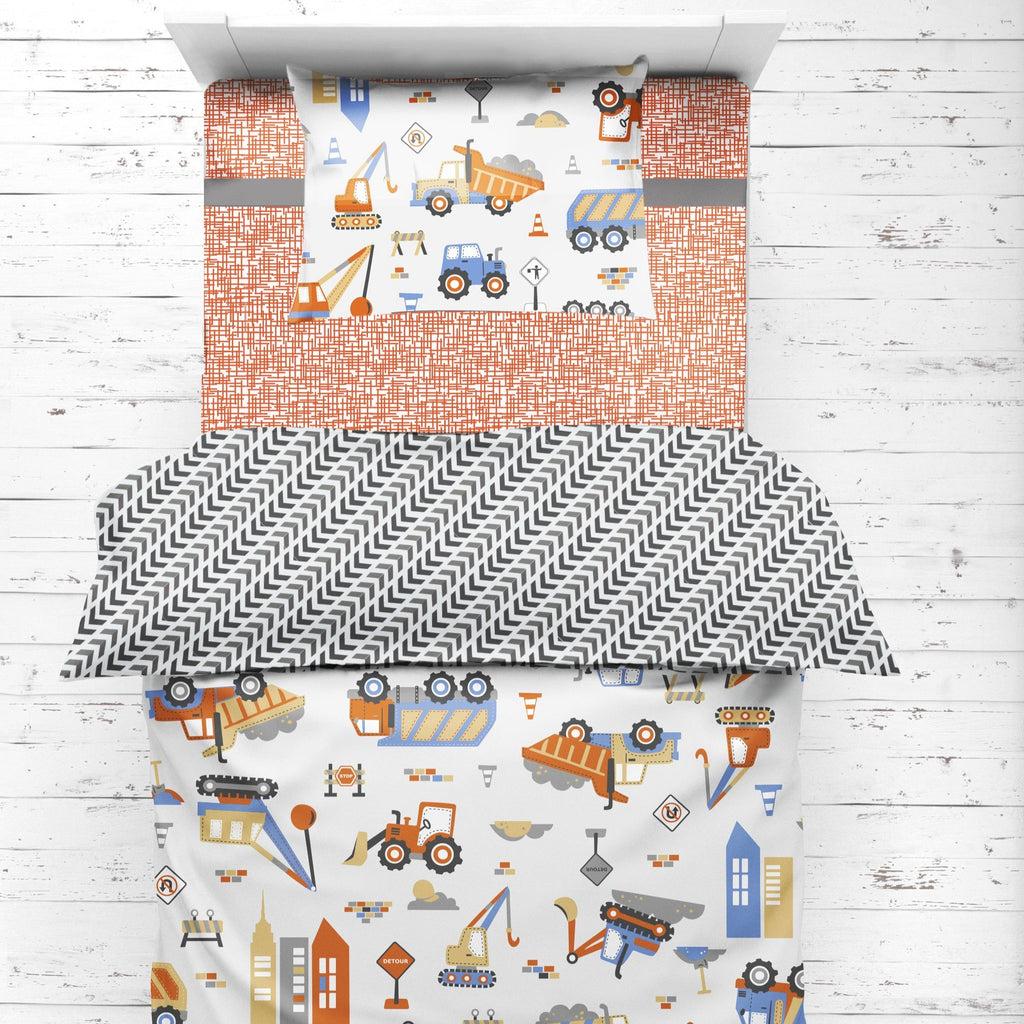 Boys 4 pc Toddler Bedding/3 pc Sheet Set 100% Cotton Percale, Construction Grey/Yellow/Orange/Blue - Bacati - 4 pc Toddler Bedding Set - Bacati