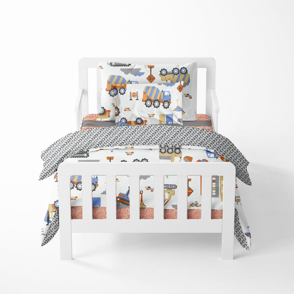Bacati - Boys 5 pc Toddler Bedding/3 pc Sheet Set 100% Cotton Percale, Construction Grey/Yellow/Orange/Blue - Bacati - 4 pc Toddler Bedding Set - Bacati