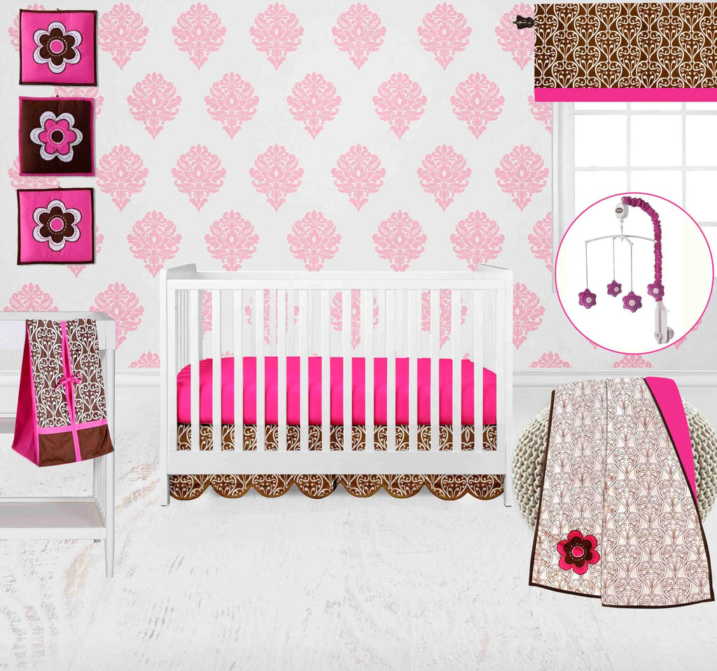Damask Floral Pink/Chocolate Girls Crib Bedding Set - Bacati - Crib Bedding Set - Bacati
