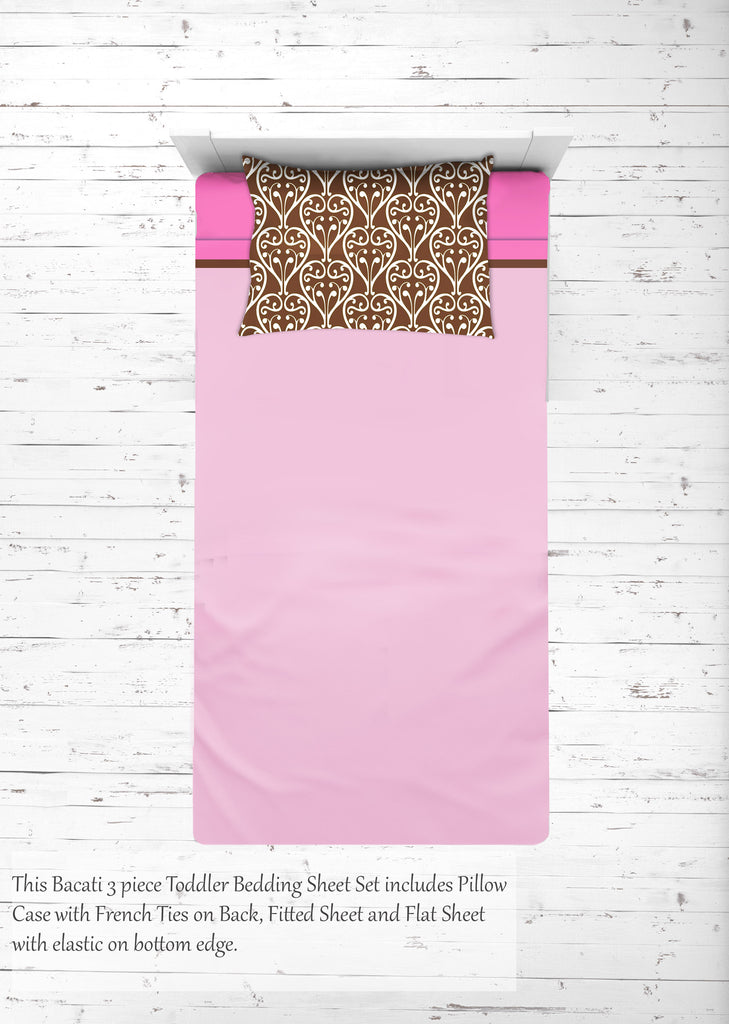 Girls 4 pc Toddler Bedding/3 pc Sheet Set 100% Cotton Percale, Damask, Pink/Fuchsia/Chocolate - Bacati - 4 pc Toddler Bedding Set - Bacati