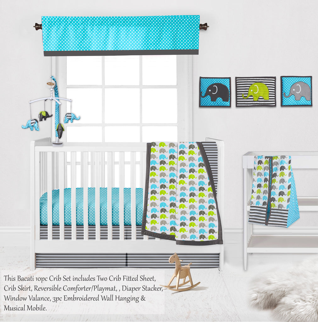 Elephants Aqua/Lime/Grey Neutral Crib Bedding Set - Bacati - Crib Bedding Set - Bacati