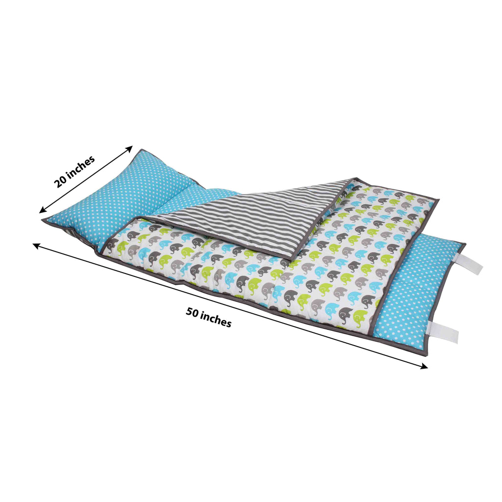 Bacati - Toddlers Daycare/Sleepover Nap Mat with Pillow & Blanket, Elephants Aqua/Lime/Grey - Bacati - Toddler Napmat - Bacati