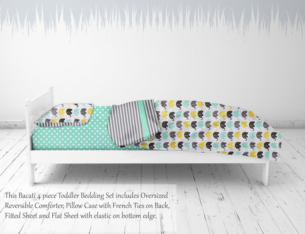 Toddler Bedding/Sheet Set 100% Cotton Percale, Elephants Mint/Yellow/Grey - Bacati - 4 pc Toddler Bedding Set - Bacati