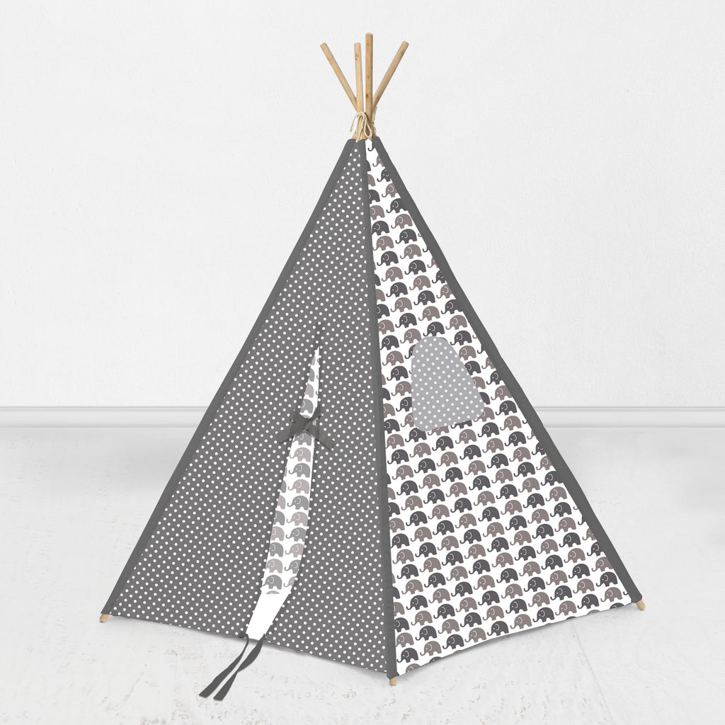 Bacati Elephants Teepee Tent for Kids/Toddlers, 100% Cotton Breathable Percale Fabric Cover, White/Grey - Bacati - Tee Pee - Bacati