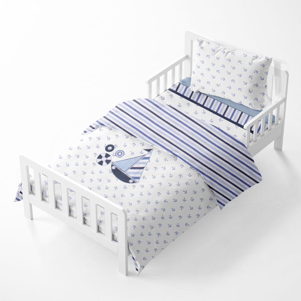 Boys 4 pc Toddler Bedding/3 pc Sheet Set 100% Cotton Percale, Little Sailor Blue/Navy - Bacati - 4 pc Toddler Bedding Set - Bacati