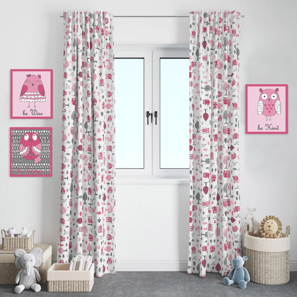 Bacati - Owls in the Woods Pink/Grey Window Curtain Panel/Valance - Bacati - Window Treatments - Bacati