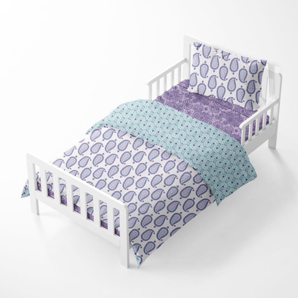 Girls 4 pc Toddler Bedding/3 pc Sheet Set 100% Cotton Percale, Paisley Isabella, Purple/Lilac/Aqua - Bacati - 4 pc Toddler Bedding Set - Bacati