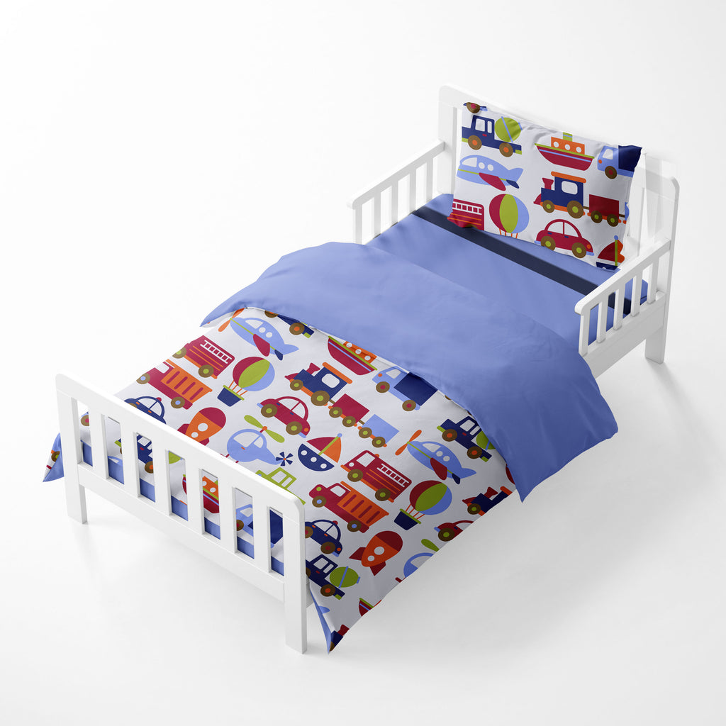 Boys 4 pc Toddler Bedding/3 pc Sheet Set 100% Cotton Percale, Transportation Blue/Navy/Orange/Red/Green - Bacati - 4 pc Toddler Bedding Set - Bacati