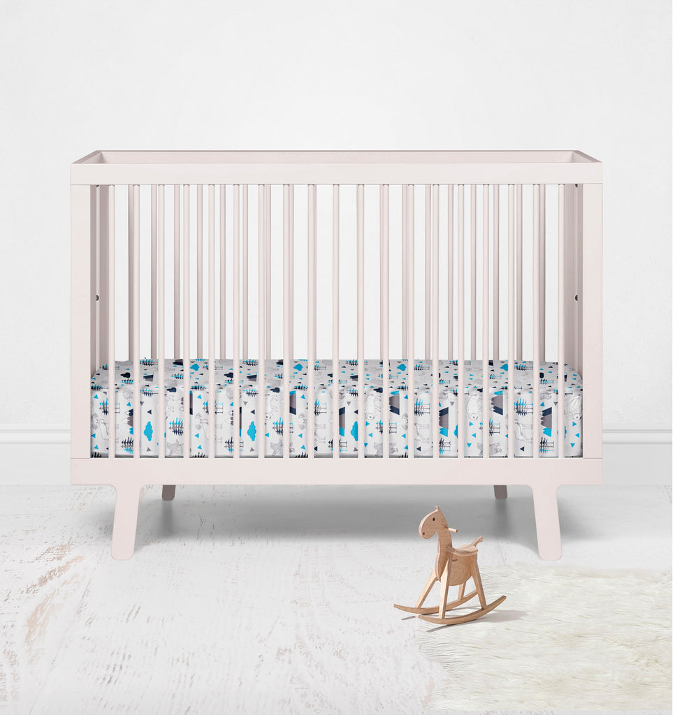 Crib or Toddler Bed Fitted Sheet 100% Cotton Percale, Woodlands Aqua/Navy/Grey - Bacati - Crib/Toddler Fitted Sheet - Bacati