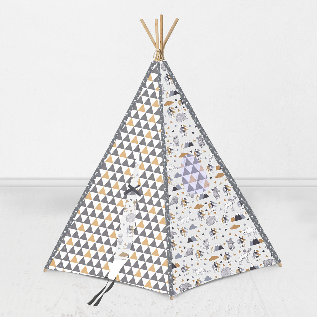 Bacati Woodlands Animals Teepee Tent for Kids/Toddlers, 100% Cotton Percale Fabric Cover, Beige/Grey - Bacati - Tee Pee - Bacati