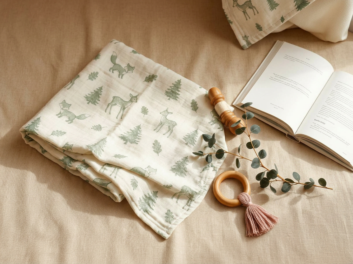 Folded sage muslin baby blanket with wooden teether and open book on cream linen