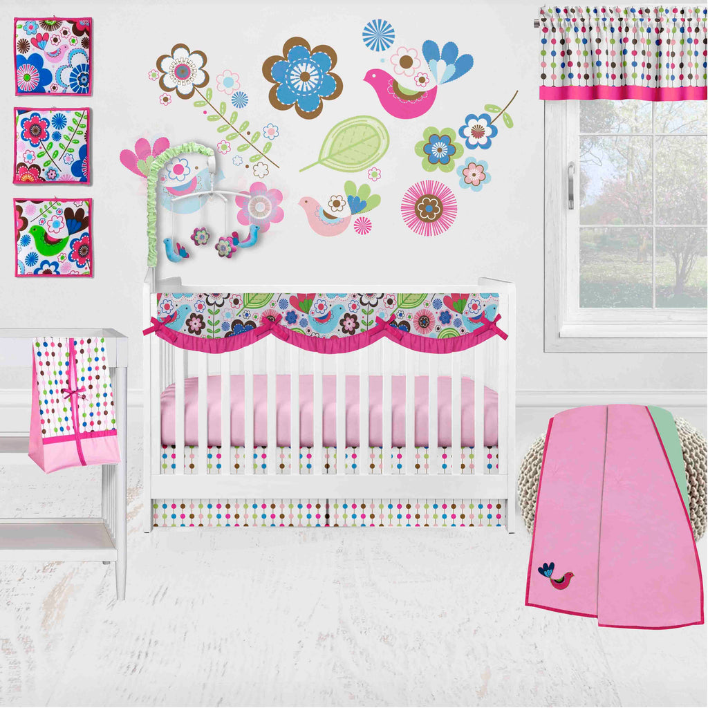 Botanical Floral Birds Pearls Pink Aqua Fuchsia Green Crib Bedding Baby Girls