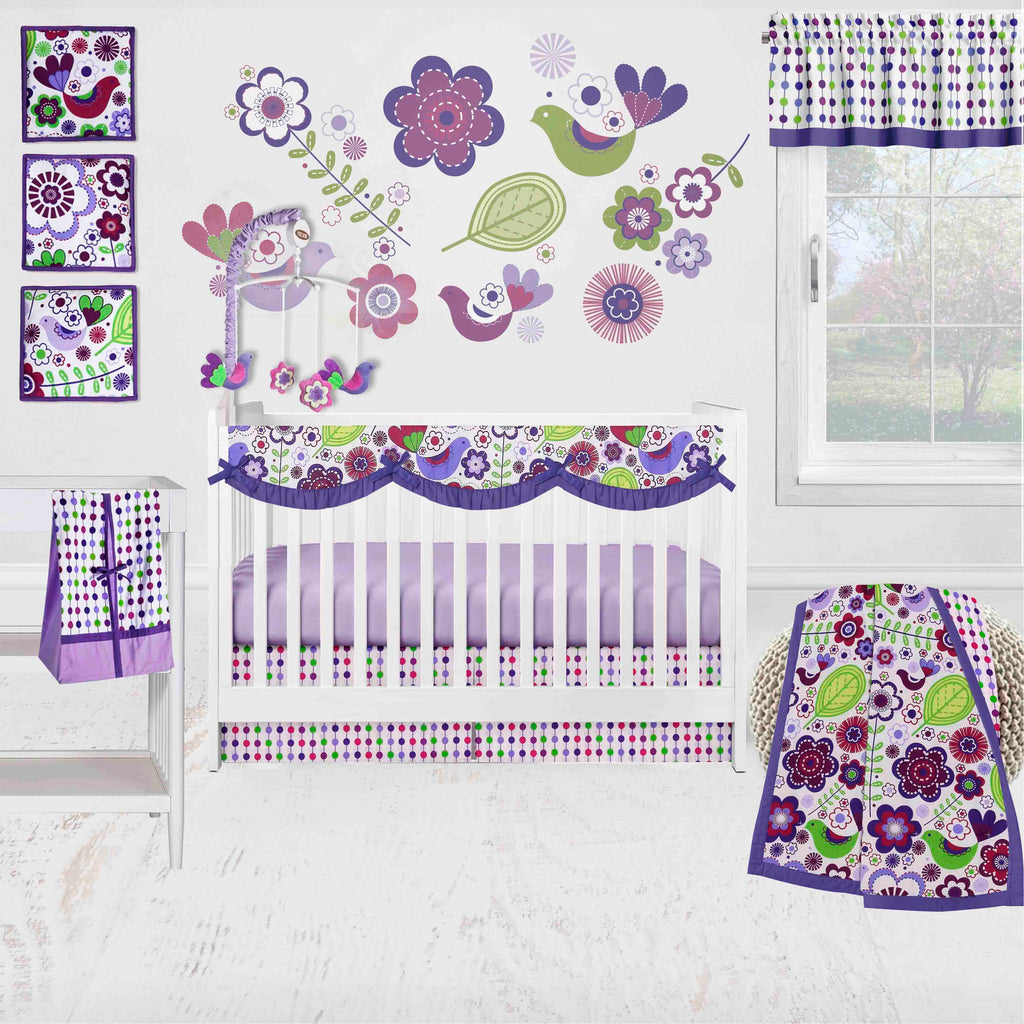 Botanical floral birds purple plum lime green lilac girls Crib Bedding