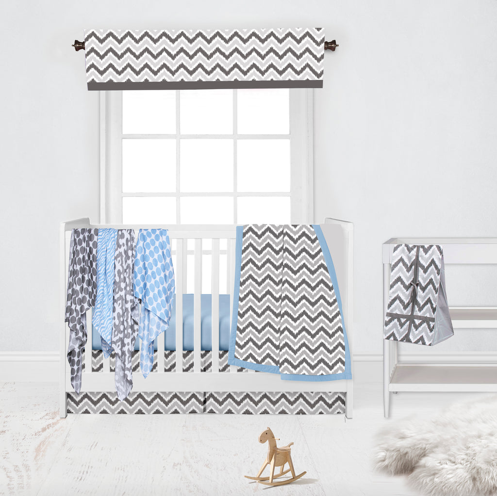 Bacati - Ikat Dots Damask Zebra Blue Grey Muslin Boys Bedding Collection