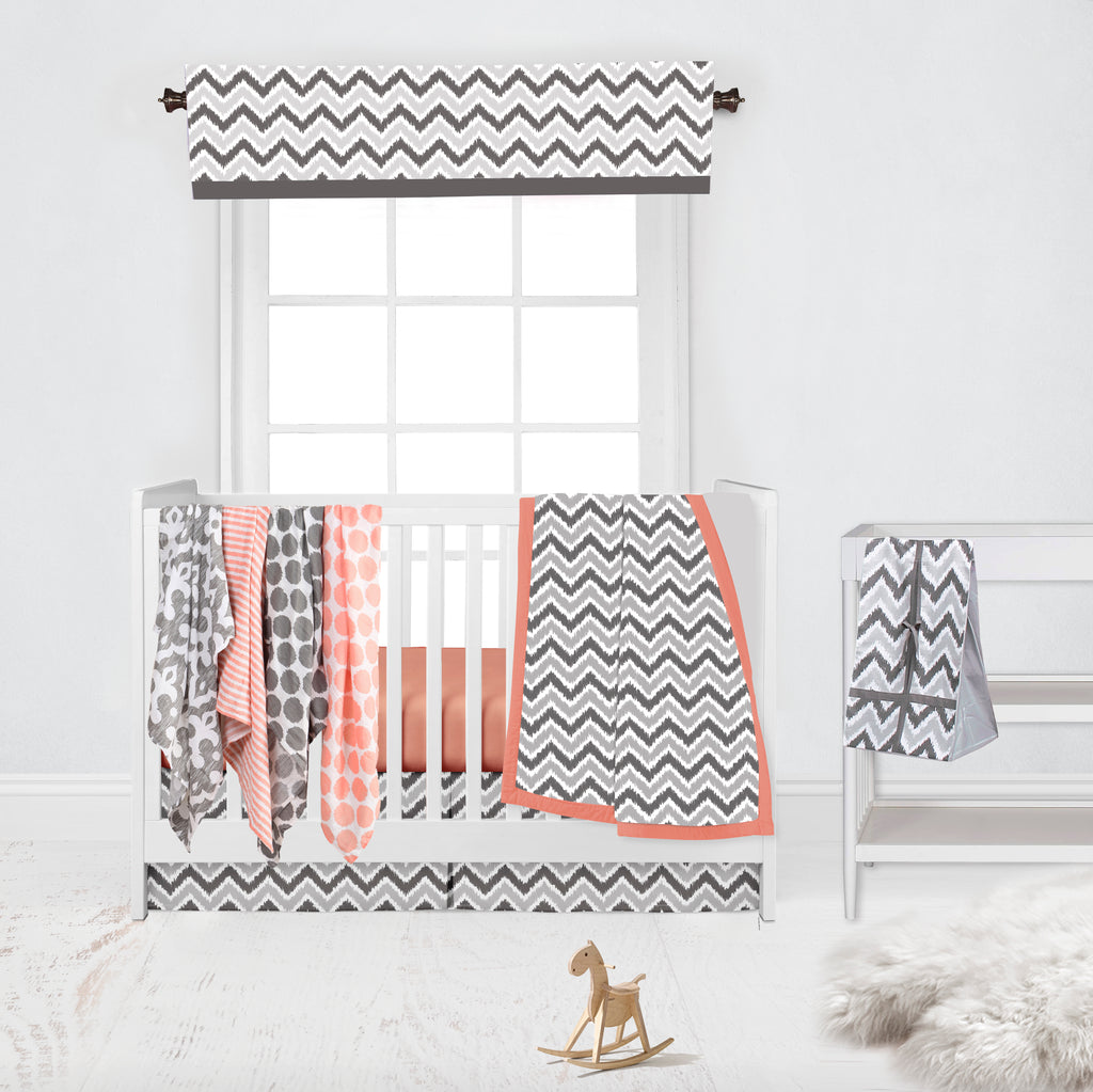 Bacati - Ikat Dots Damask Stripes Coral Grey Muslin Girls Bedding Collection