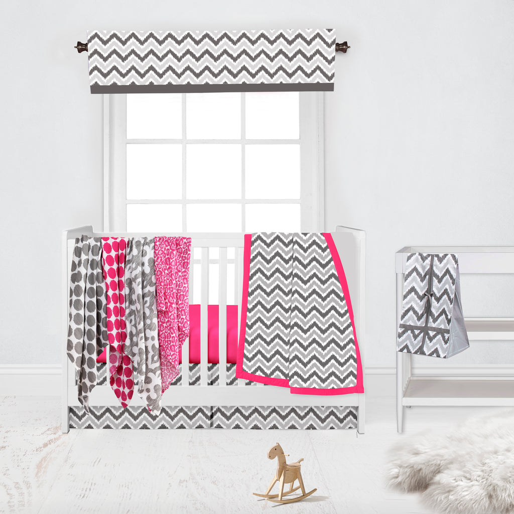 Bacati - Ikat Dots Damask Leopard Pink Grey Muslin Girls Bedding Collection