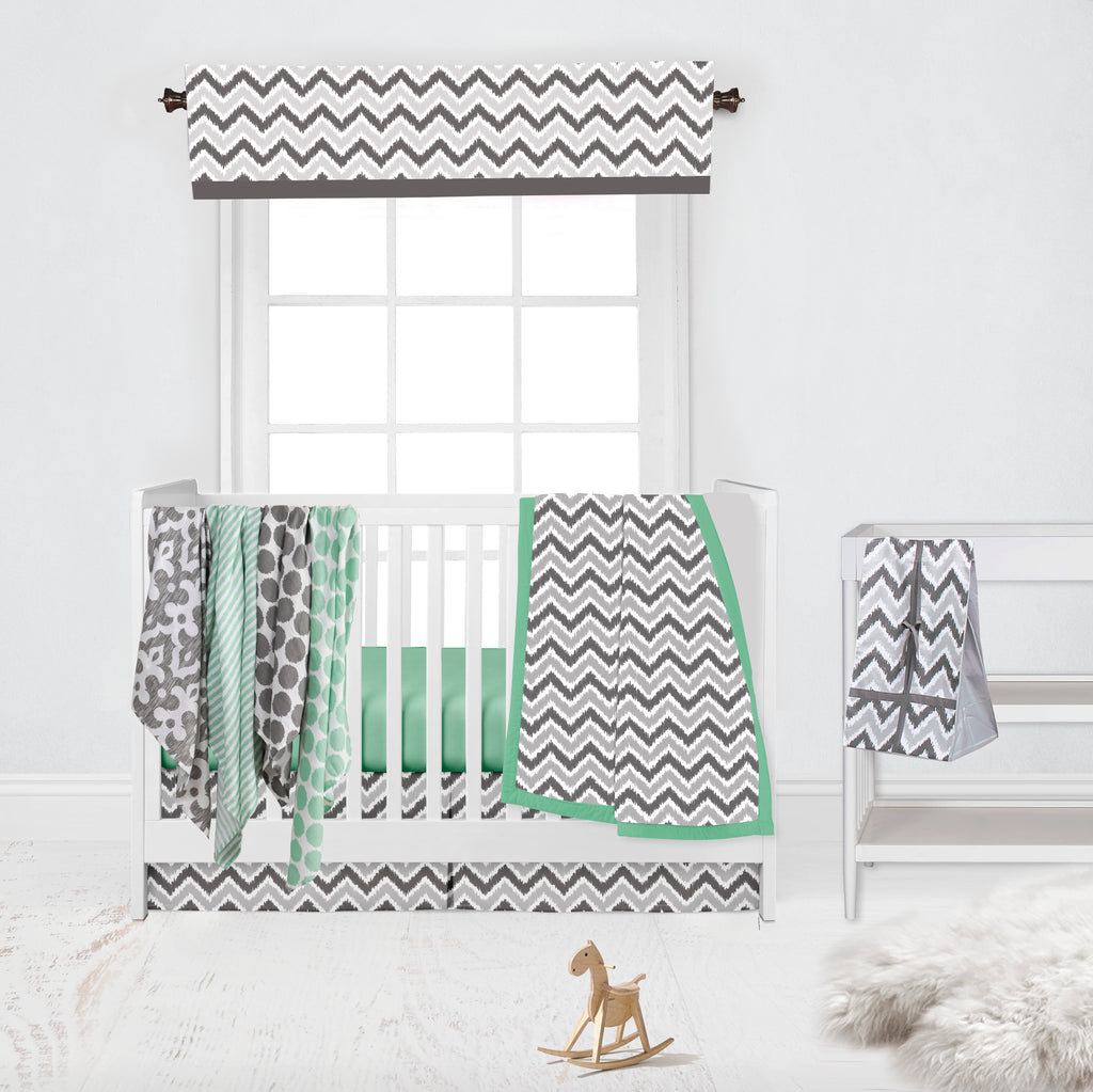 Bacati - Ikat Dots Damask Stripes Mint Grey Muslin Neutral Bedding Collection