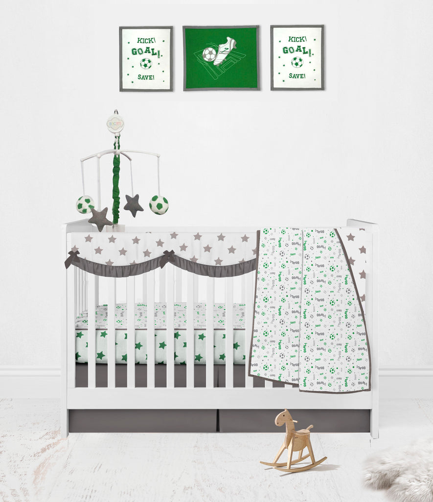 Bacati Breathable Muslin Soccer Green Grey Crib Toddler Bedding Collection