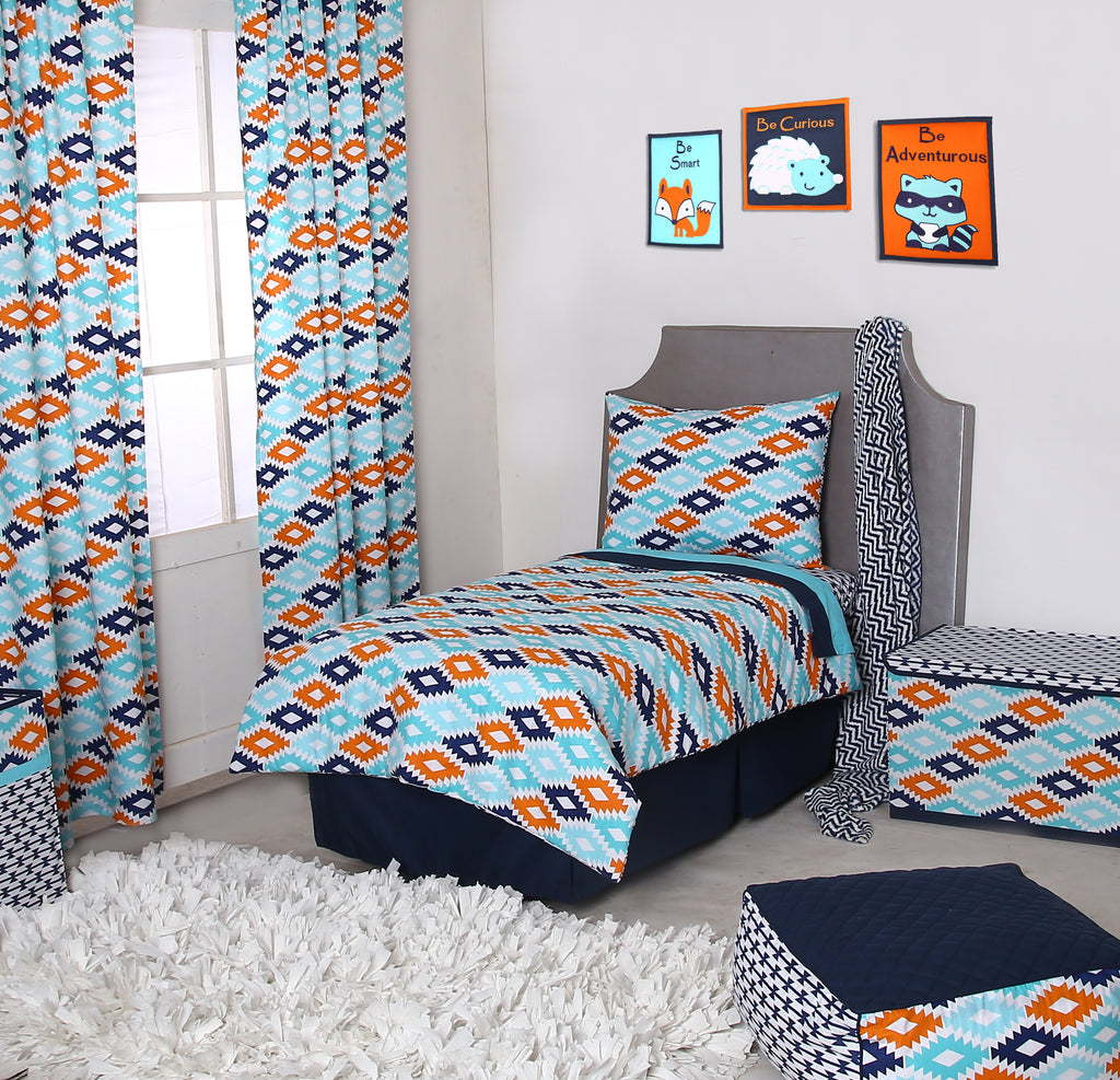 Bacati - Boys 4 pc  Toddler Bedding Set Cotton, Aztec Liam Aqua/Orange/Navy - Bacati