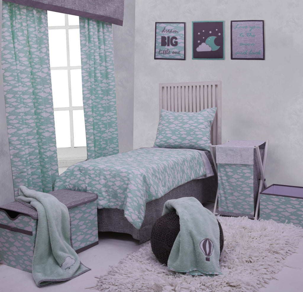 Bacati - Neutral 4 pc Toddler Bedding  Set 100% Cotton Percale, Clouds in the City, Mint/Grey - Bacati