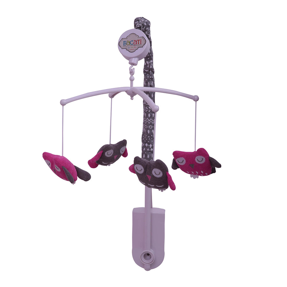 Bacati - Owls in the Woods Pink/Grey Musical Baby Crib Mobile - Bacati - Musical Baby Crib Mobile - Bacati