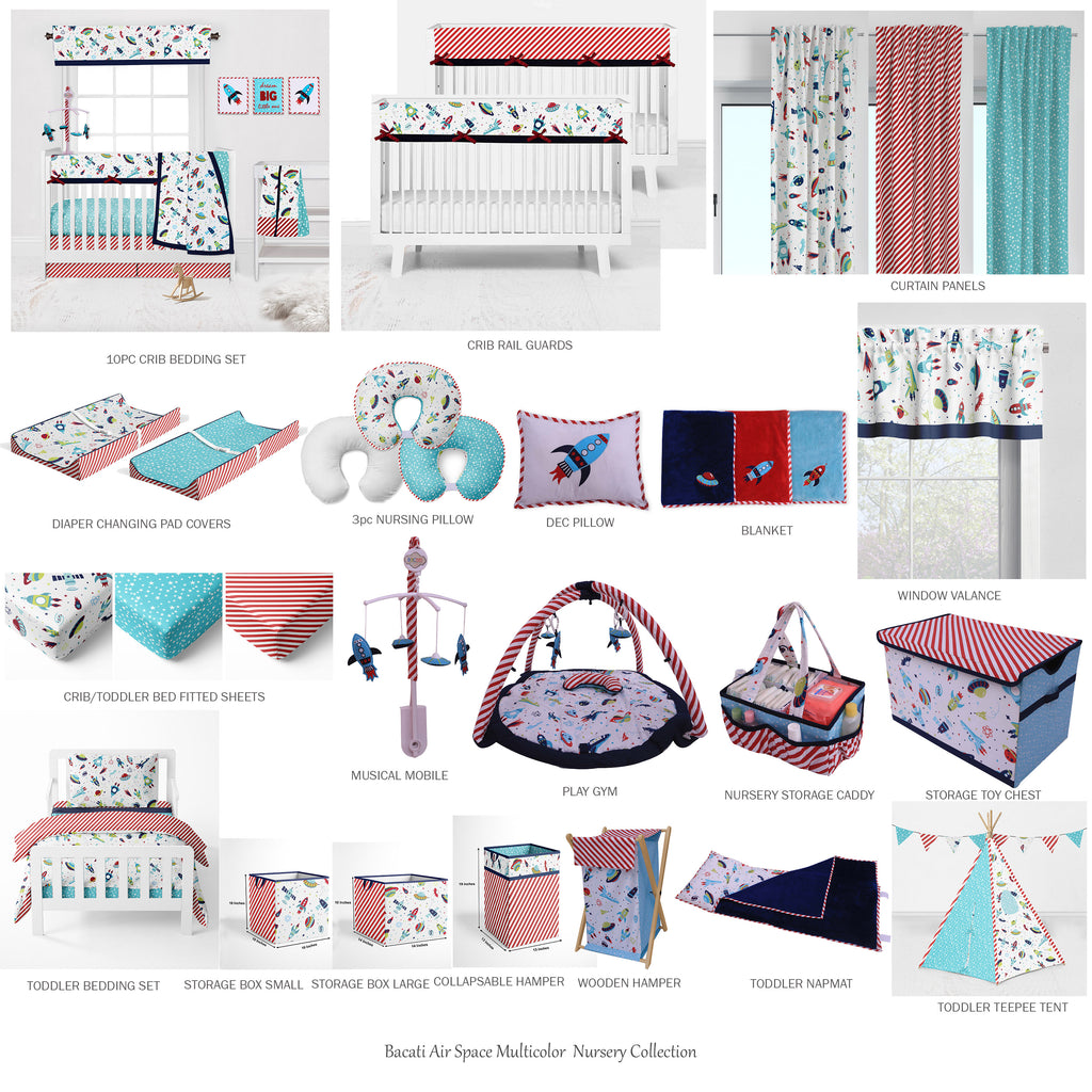 Bacati - Boys 4 pc Toddler Bedding/3 pc Sheet Set 100% Cotton Percale, Airspace Aqua/Red/Orange/Green/Navy - Bacati