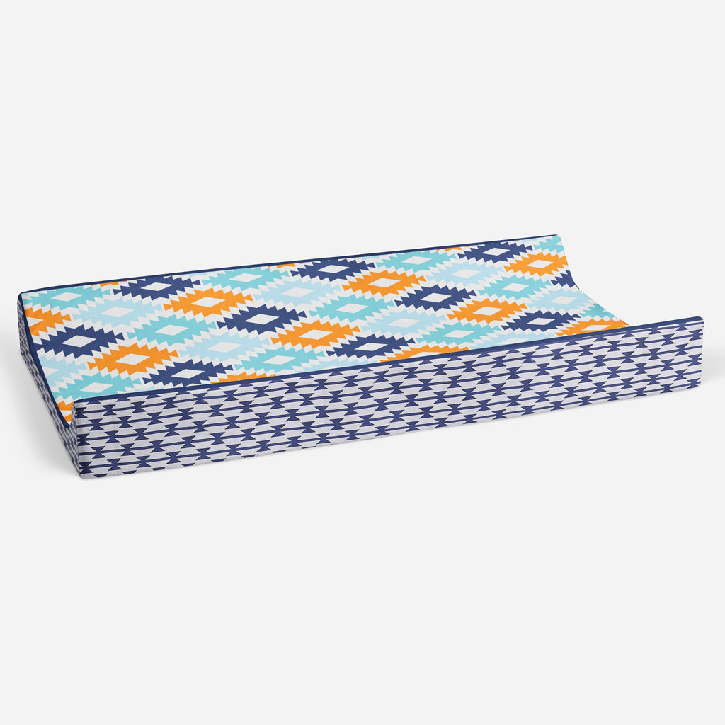 Aztec Liam Aqua/Orange/Navy Boys Quilted Changing Pad Cover - Bacati - Changing pad cover - Bacati