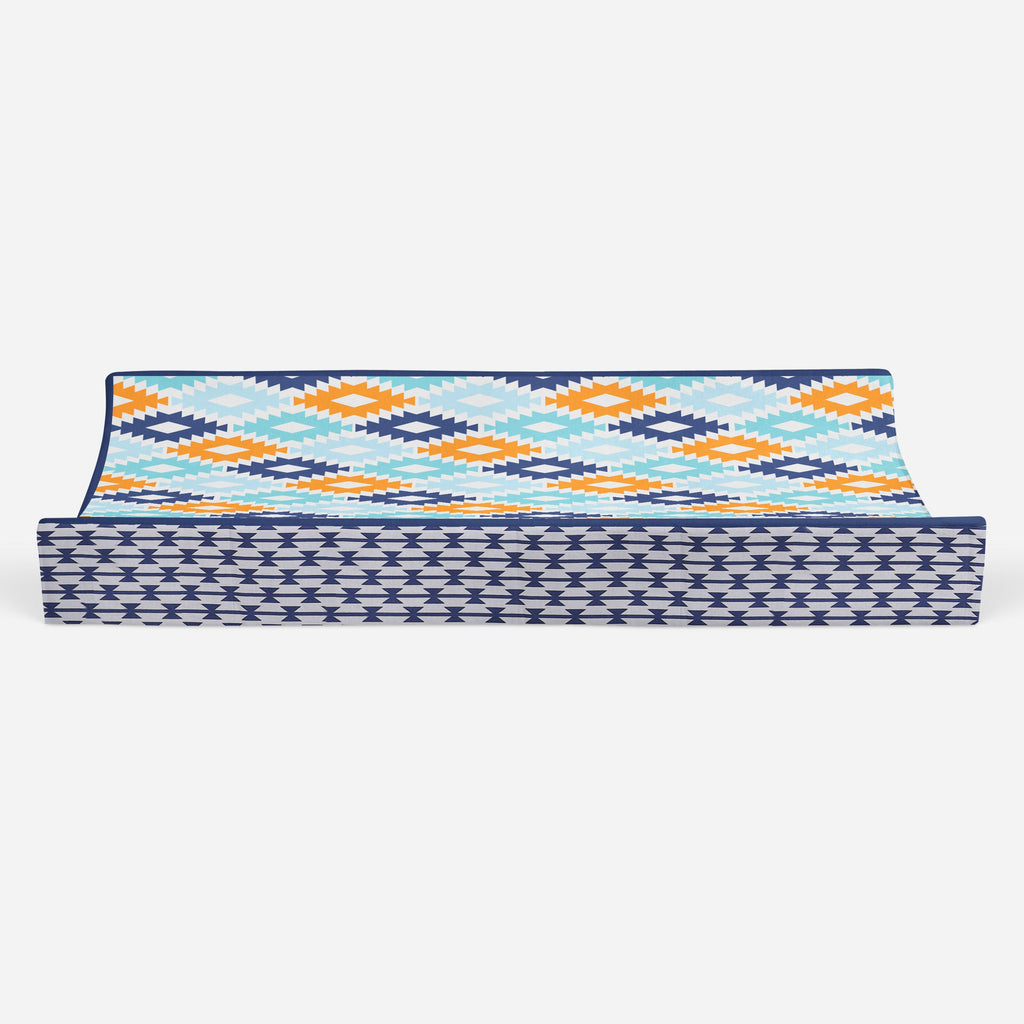 Aztec Liam Aqua/Orange/Navy Boys Quilted Changing Pad Cover - Bacati - Changing pad cover - Bacati