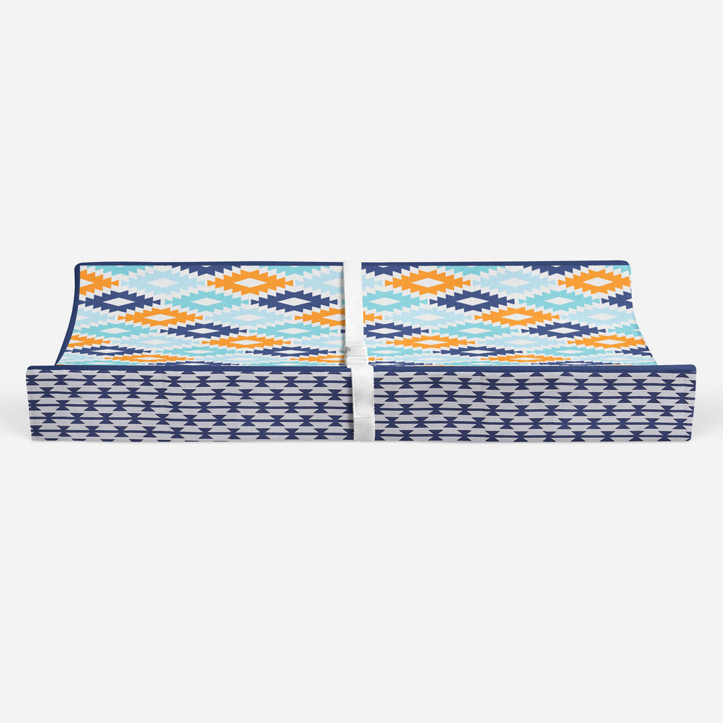 Aztec Liam Aqua/Orange/Navy Boys Quilted Changing Pad Cover - Bacati - Changing pad cover - Bacati