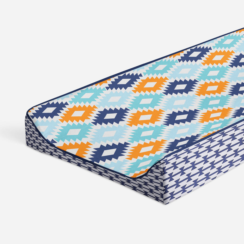 Aztec Liam Aqua/Orange/Navy Boys Quilted Changing Pad Cover - Bacati - Changing pad cover - Bacati