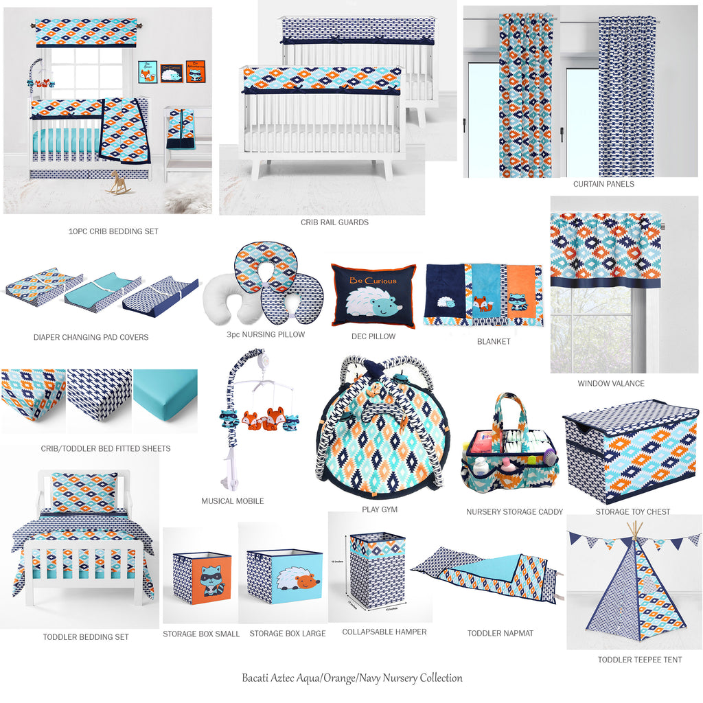 Bacati - Boys Toddler Bedding/Sheet Set Cotton, Aztec Liam Aqua/Orange/Navy - Bacati