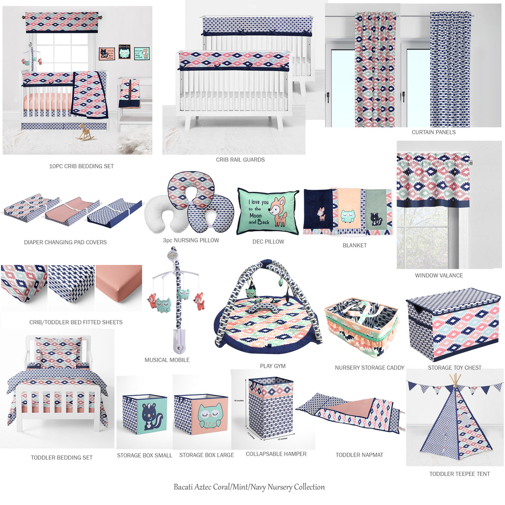 Bacati - Girls 4 pc Toddler Bedding/3 pc Sheet Set 100% Cotton Percale, Aztec Emma Coral/Mint/Navy - Bacati