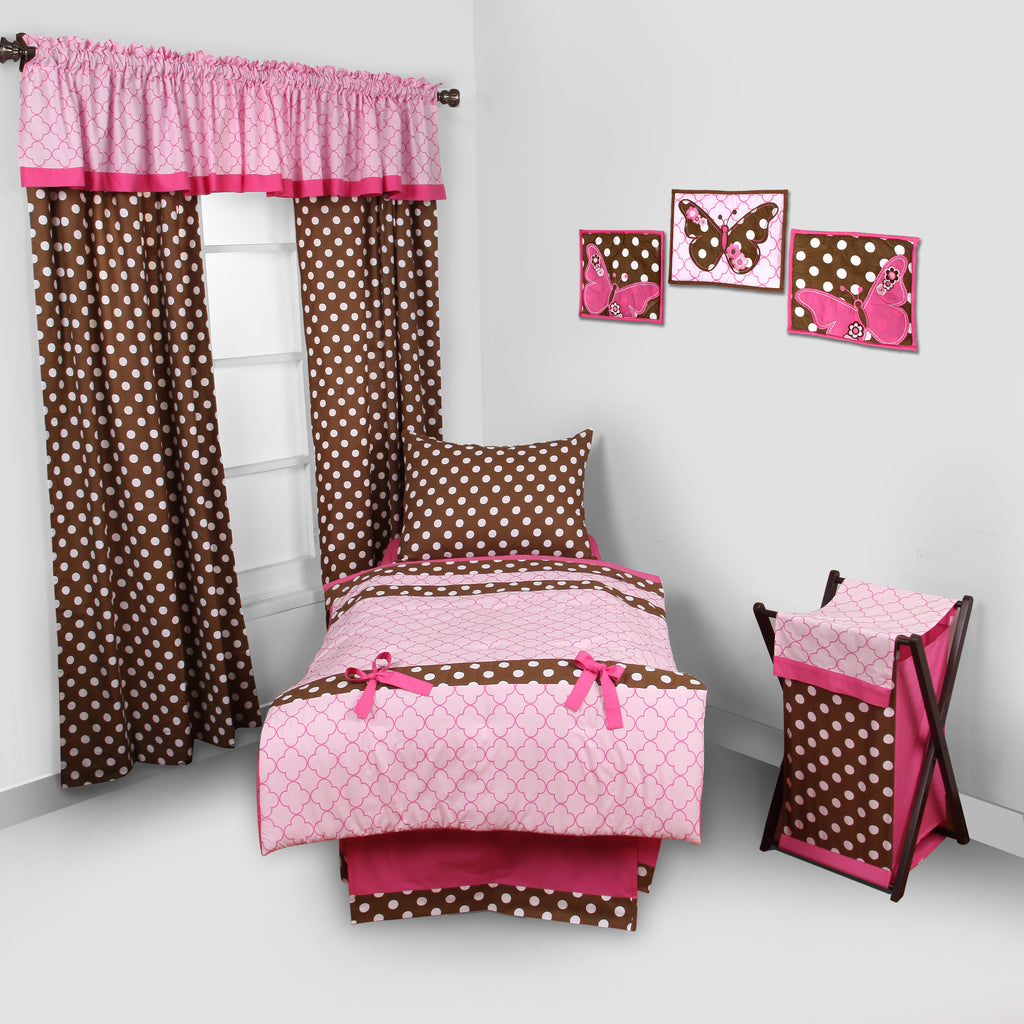 Bacati - Girls 4 pc Toddler Bedding Set 100% Cotton Percale, Butterflies Ladybugs, Pink/Fuchsia/Chocolate - Bacati