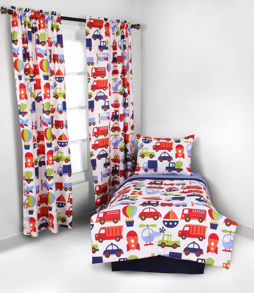 Bacati - Boys 4 pc Toddler Bedding 100% Cotton Percale, Transportation Blue/Navy/Orange/Red/Green - Bacati
