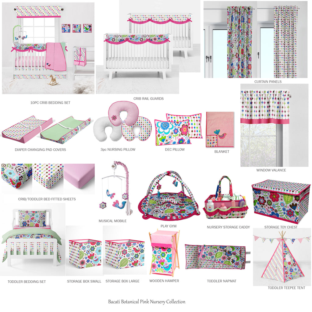 Bacati - Girls 4 pc Toddler Bedding/3 pc Sheet Set 100% Cotton Percale, Botanical Floral Birds Pink/Multi - Bacati