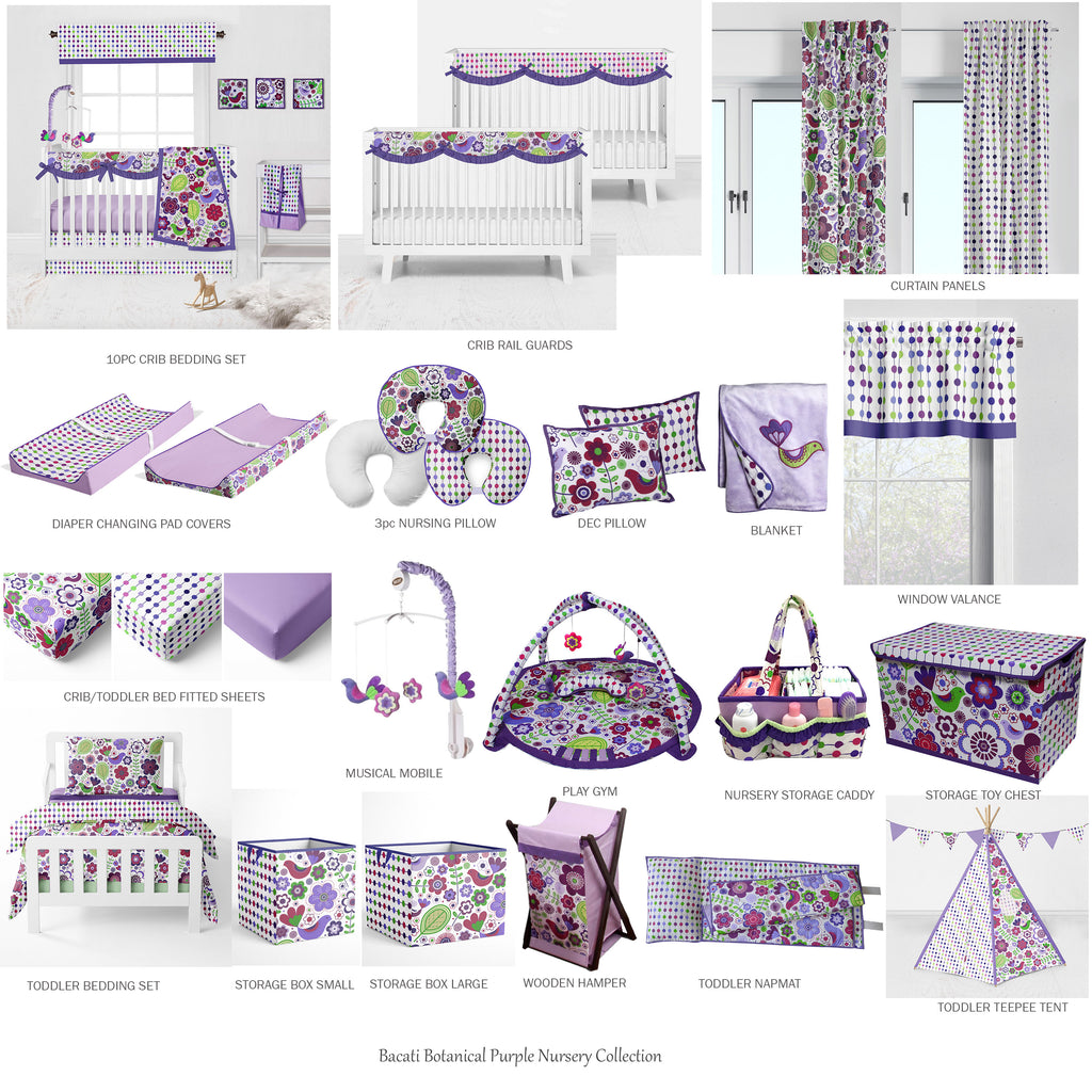Bacati - Girls 4 pc Toddler Bedding/3 pc Sheet Set 100% Cotton Percale, Botanical, Purple/Lilac/Green/Plum - Bacati