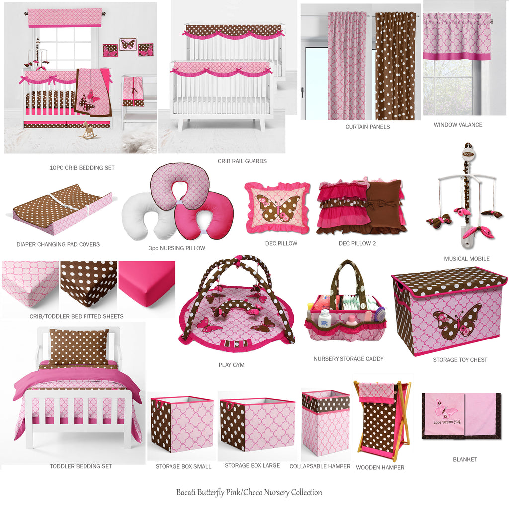 Bacati - Girls 4 pc Toddler Bedding/3 pc Sheet Set 100% Cotton Percale, Butterflies Ladybugs, Pink/Fuchsia/Chocolate - Bacati