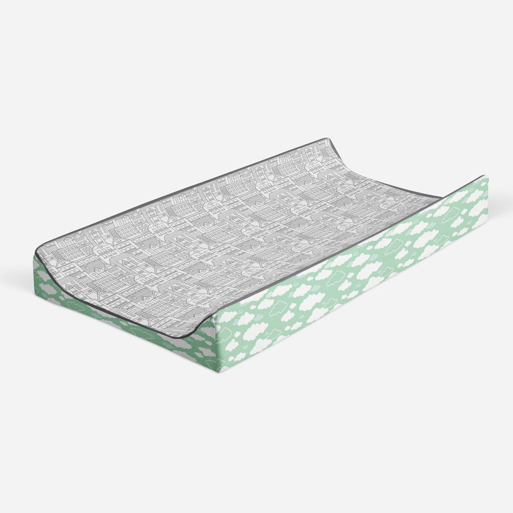 Clouds in the City Mint/Grey Neutral Quilted Changing Pad Cover - Bacati - Changing pad cover - Bacati