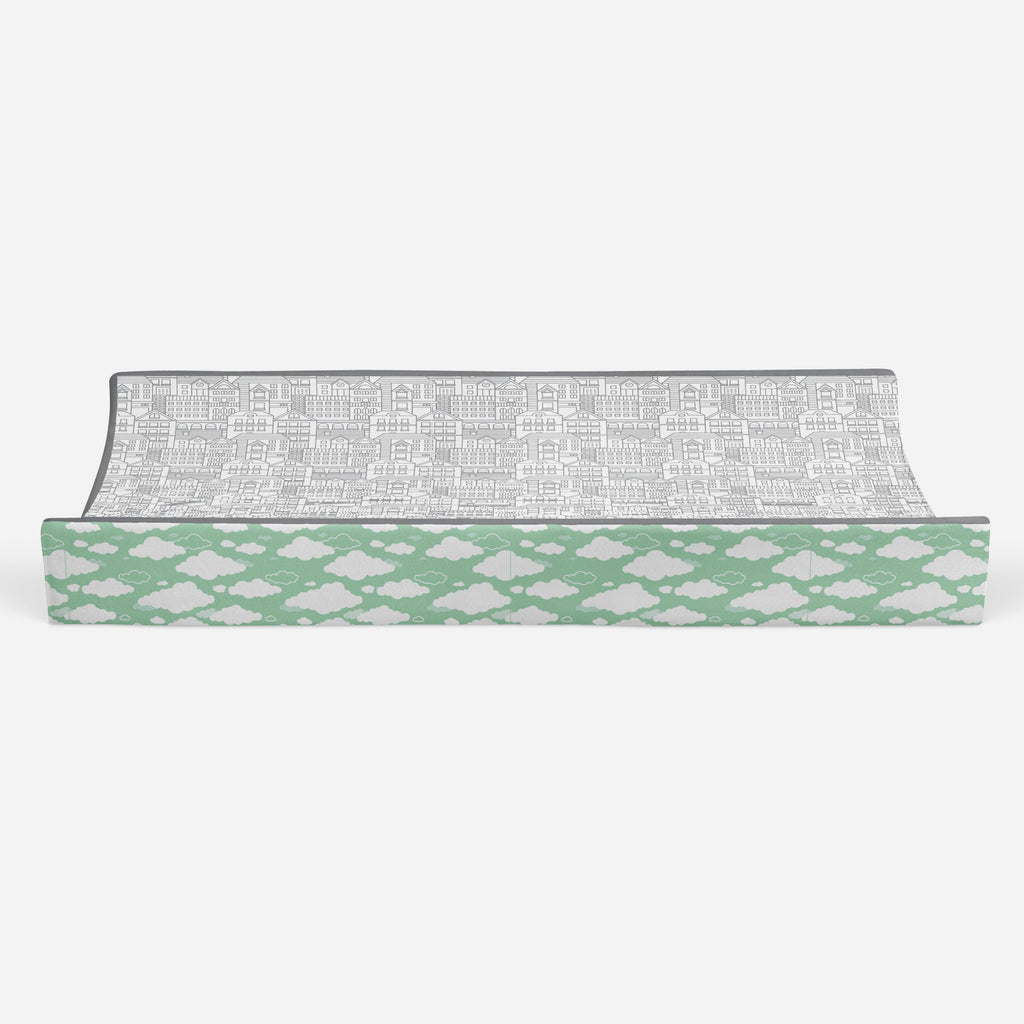 Clouds in the City Mint/Grey Neutral Quilted Changing Pad Cover - Bacati - Changing pad cover - Bacati