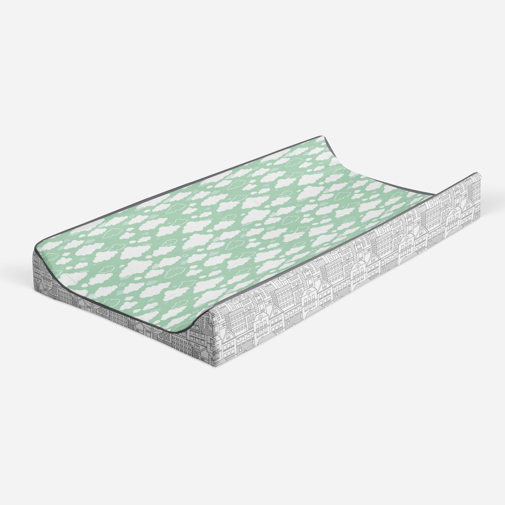 Clouds in the City Mint/Grey Neutral Quilted Changing Pad Cover - Bacati - Changing pad cover - Bacati